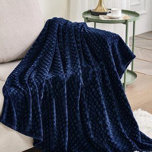 Midnight Blue Diamond Textured Soft Velvety Plush Navy Blanket Chair Throw New
